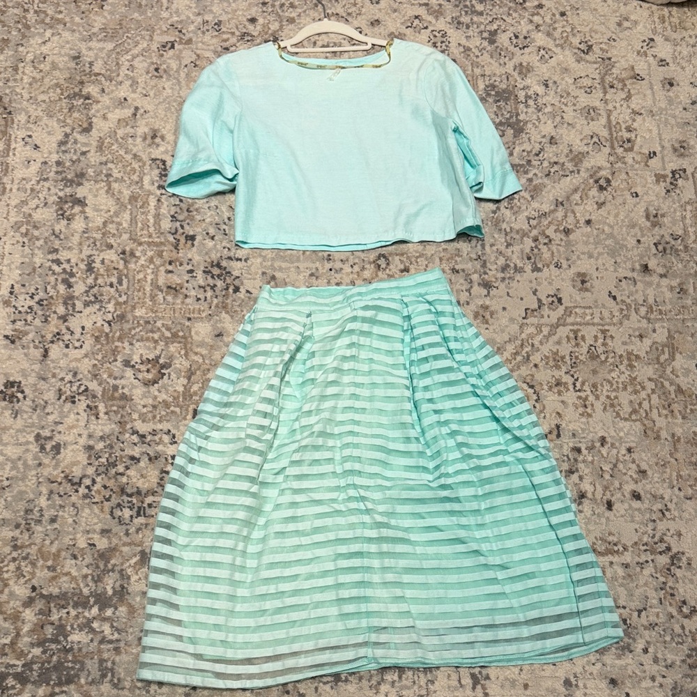 Women's Mint Green Striped Midi Skirt - Unbranded